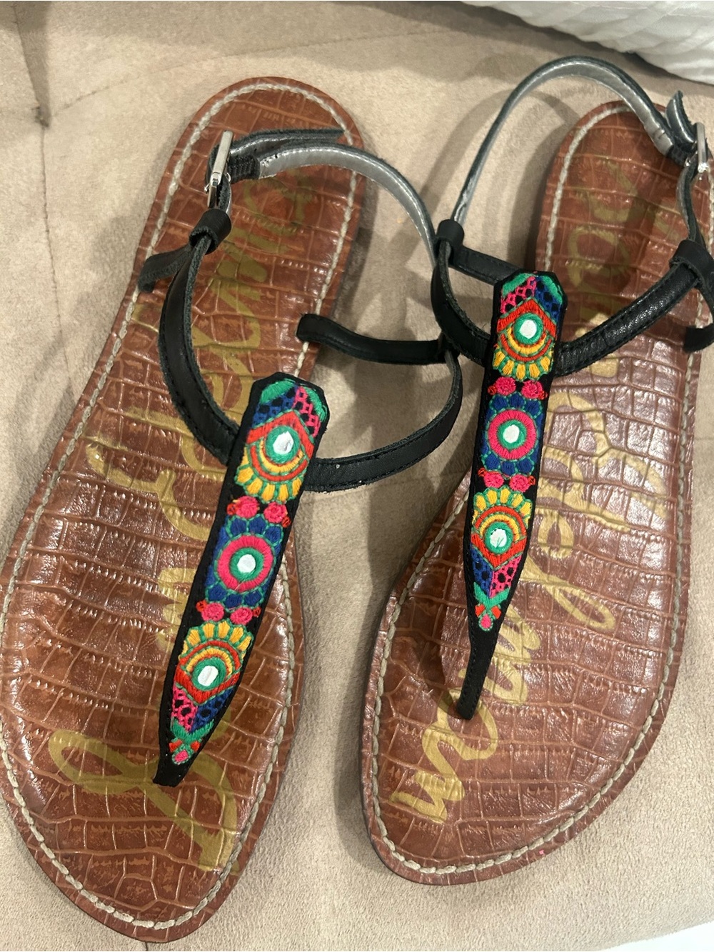 Sam Edelman Black Embroidered T-strap Sandals - Women